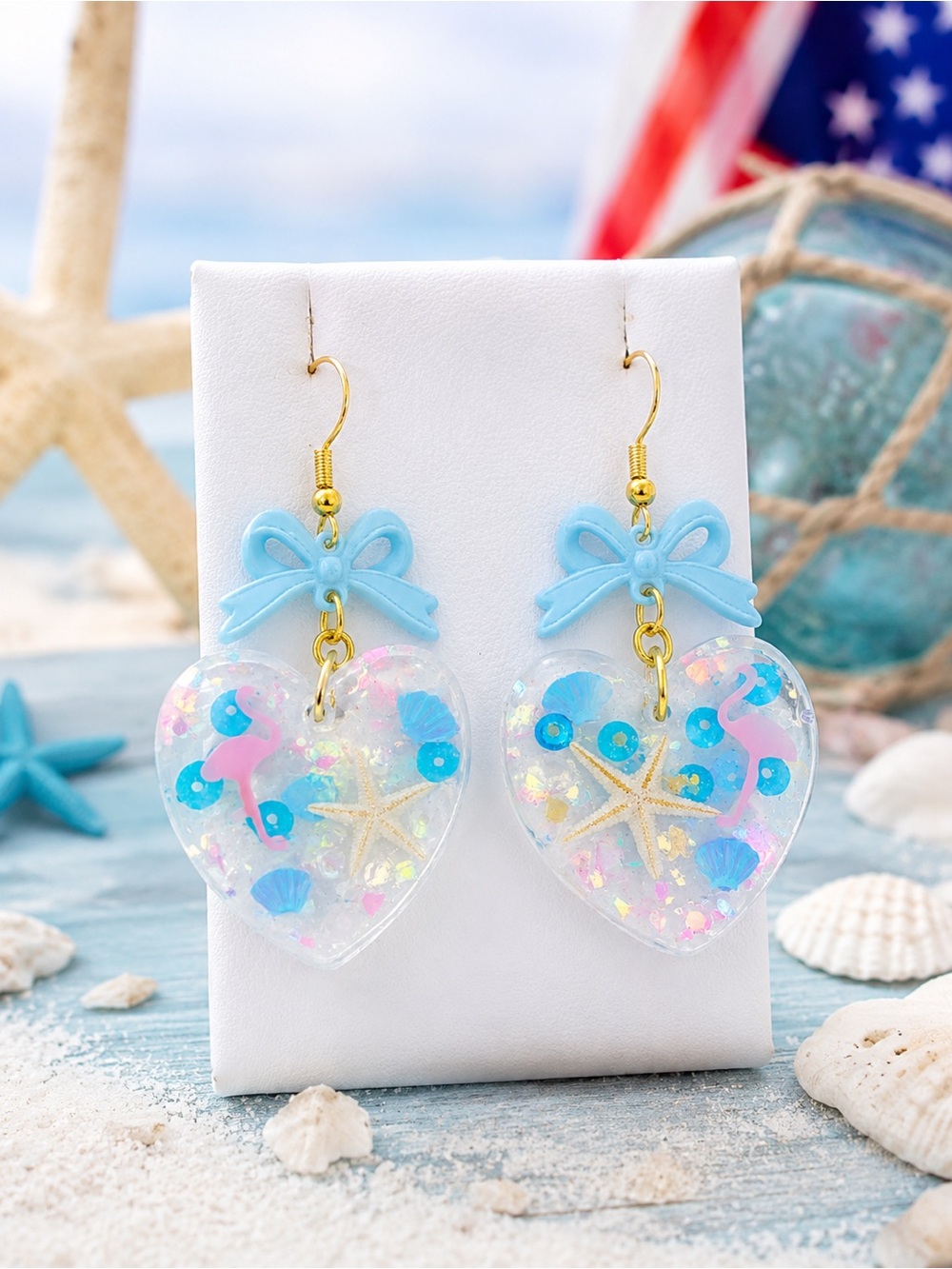 Blue Bow Heart Seaside Dangle Earrings - Gold Accent